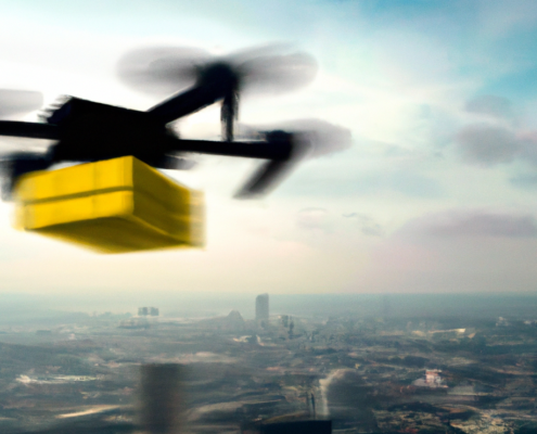 dron z przesyłką lecący nad miastem
